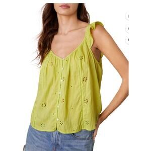 Velvet By Graham & Spencer Top Womens Eyelet Lace Ruffle 100% Cotton‎ Green